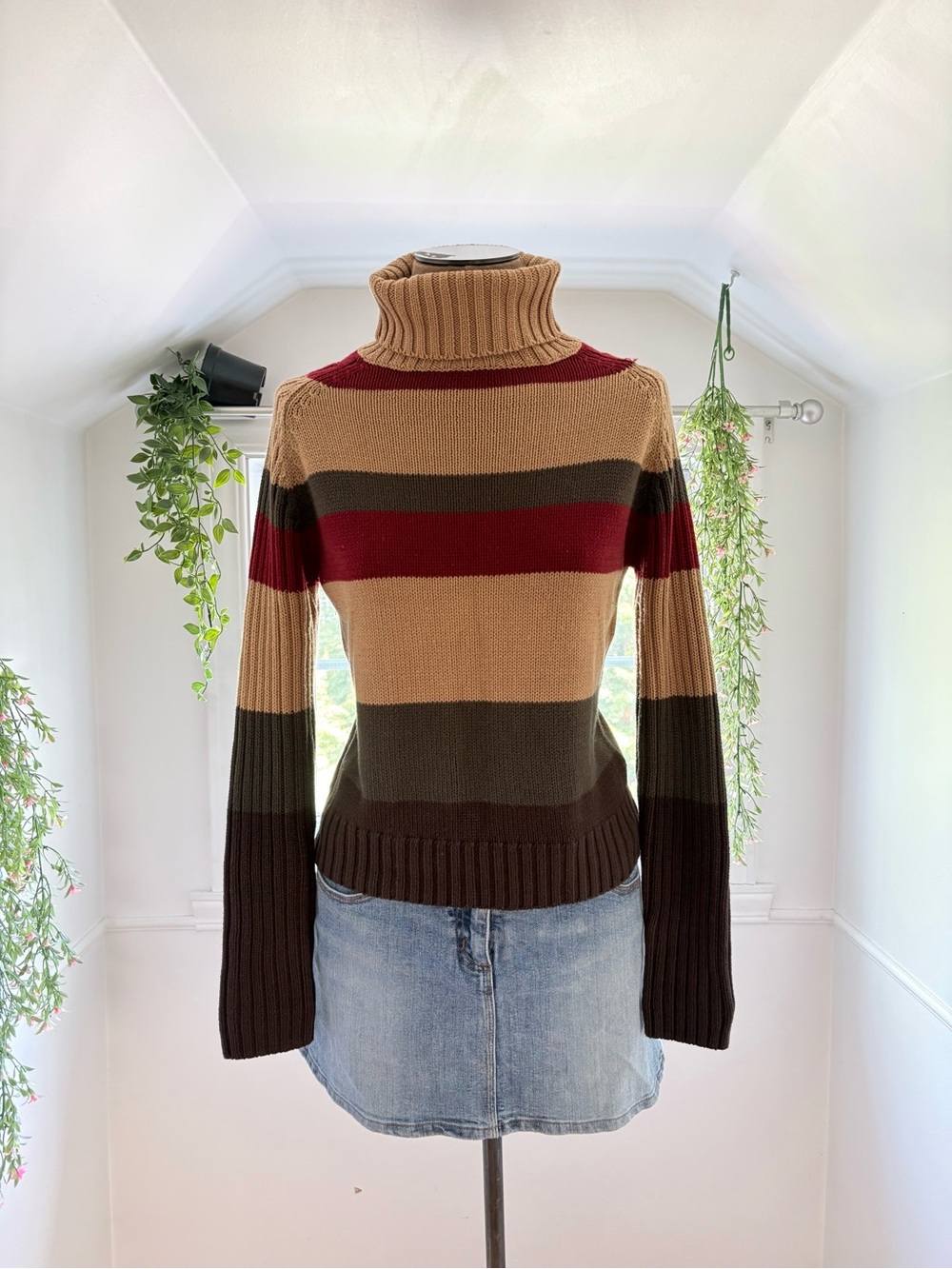 Striped Turtleneck Sweater in Tan, Red, Green & Brown